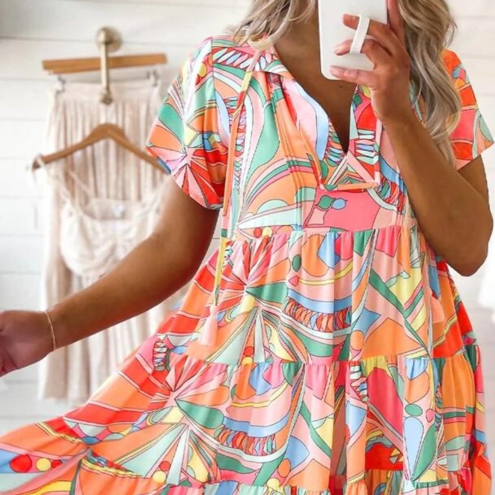 Multicolor Abstract Geometric Print Tassel Tie Flared Dress